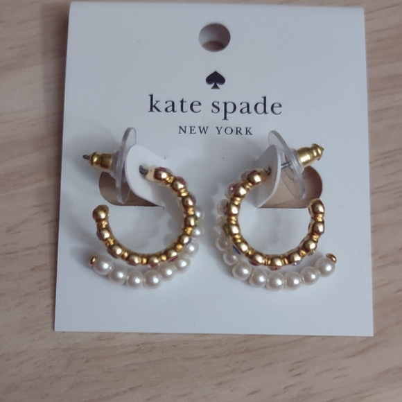 Kate Spade Colorful Crystal Gold Duo Strand Pearl Mini Hoop Earrings - Picture 3 of 4